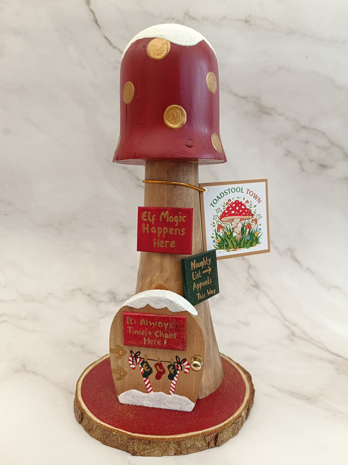 30cm Red Handmade, Free Standing Painted Wooden Fluted Topped Toadstool Elf House - Whimsical Woodland Ornament & Holiday Keepsake
