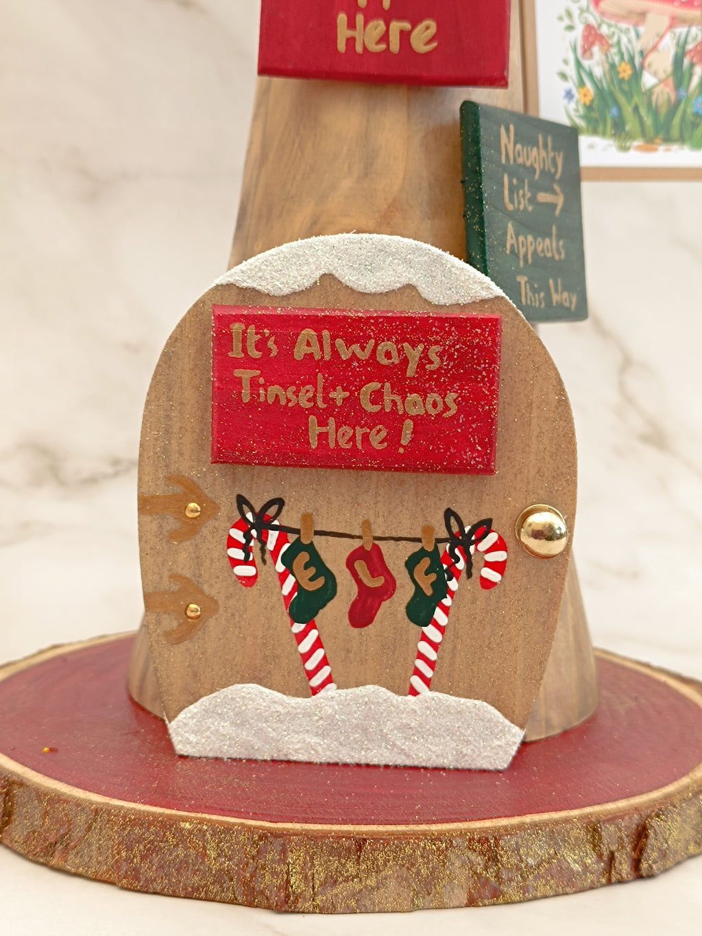 30cm Red Handmade, Free Standing Painted Wooden Fluted Topped Toadstool Elf House - Whimsical Woodland Ornament & Holiday Keepsake