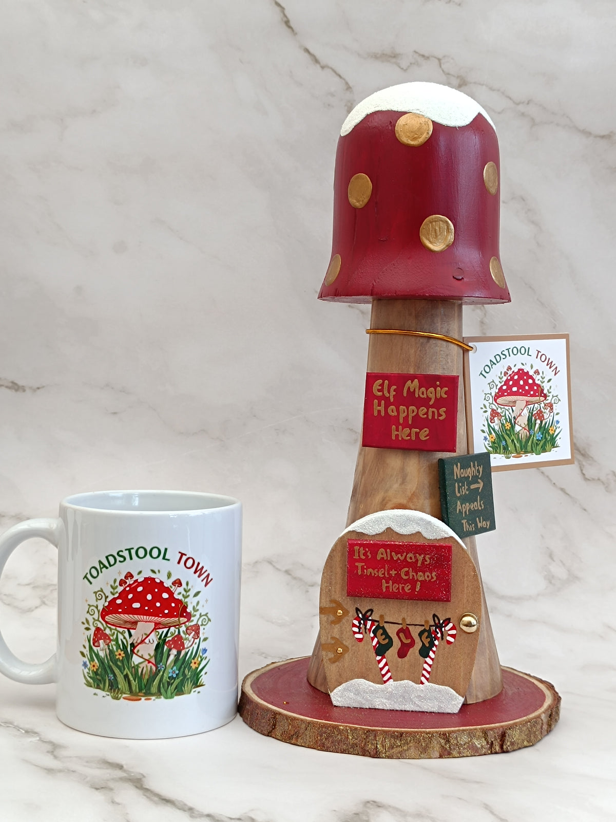 30cm Red Handmade, Free Standing Painted Wooden Fluted Topped Toadstool Elf House - Whimsical Woodland Ornament & Holiday Keepsake