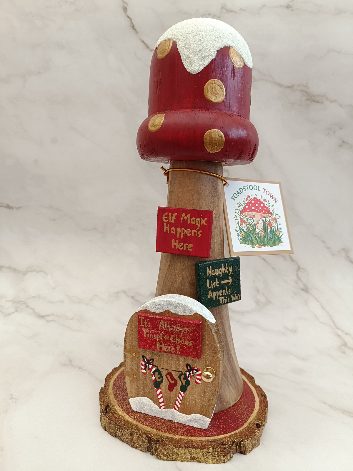 30cm Red Handmade, Free Standing Painted Wooden Bell Shaped Topped Toadstool Elf House - Whimsical Woodland Ornament & Holiday Keepsake