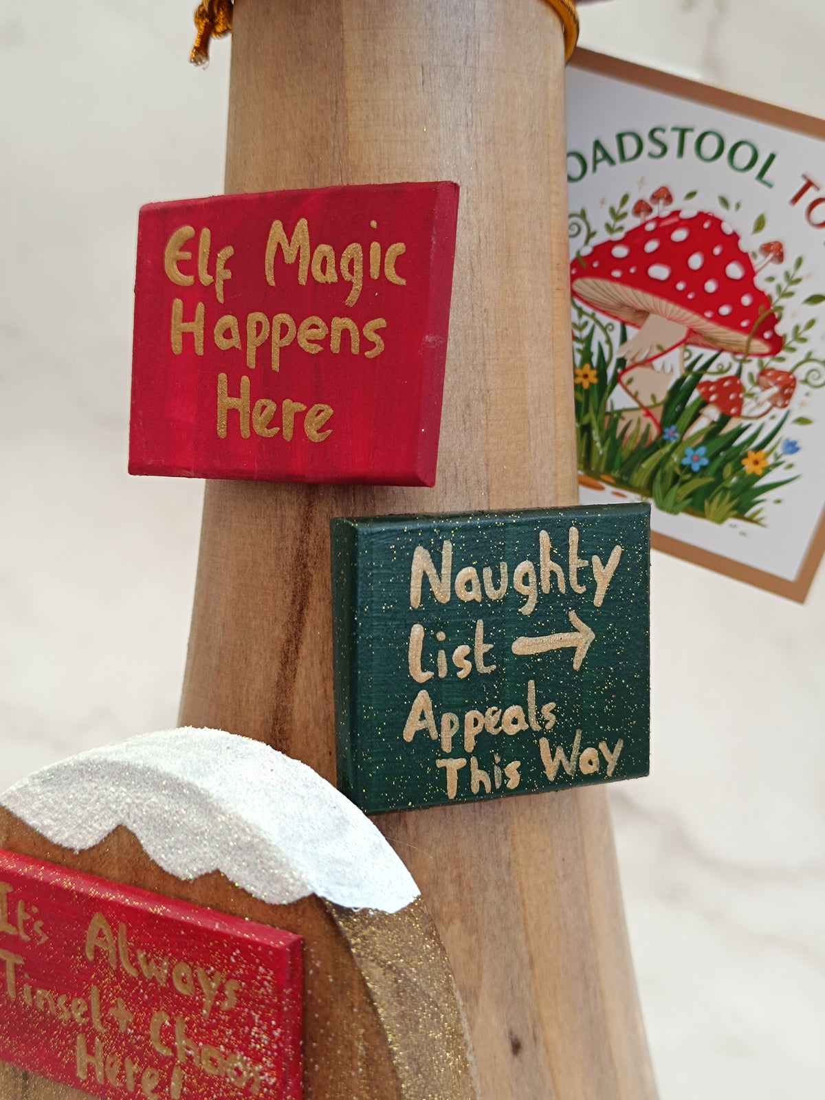 30cm Red Handmade, Free Standing Painted Wooden Bell Shaped Topped Toadstool Elf House - Whimsical Woodland Ornament & Holiday Keepsake