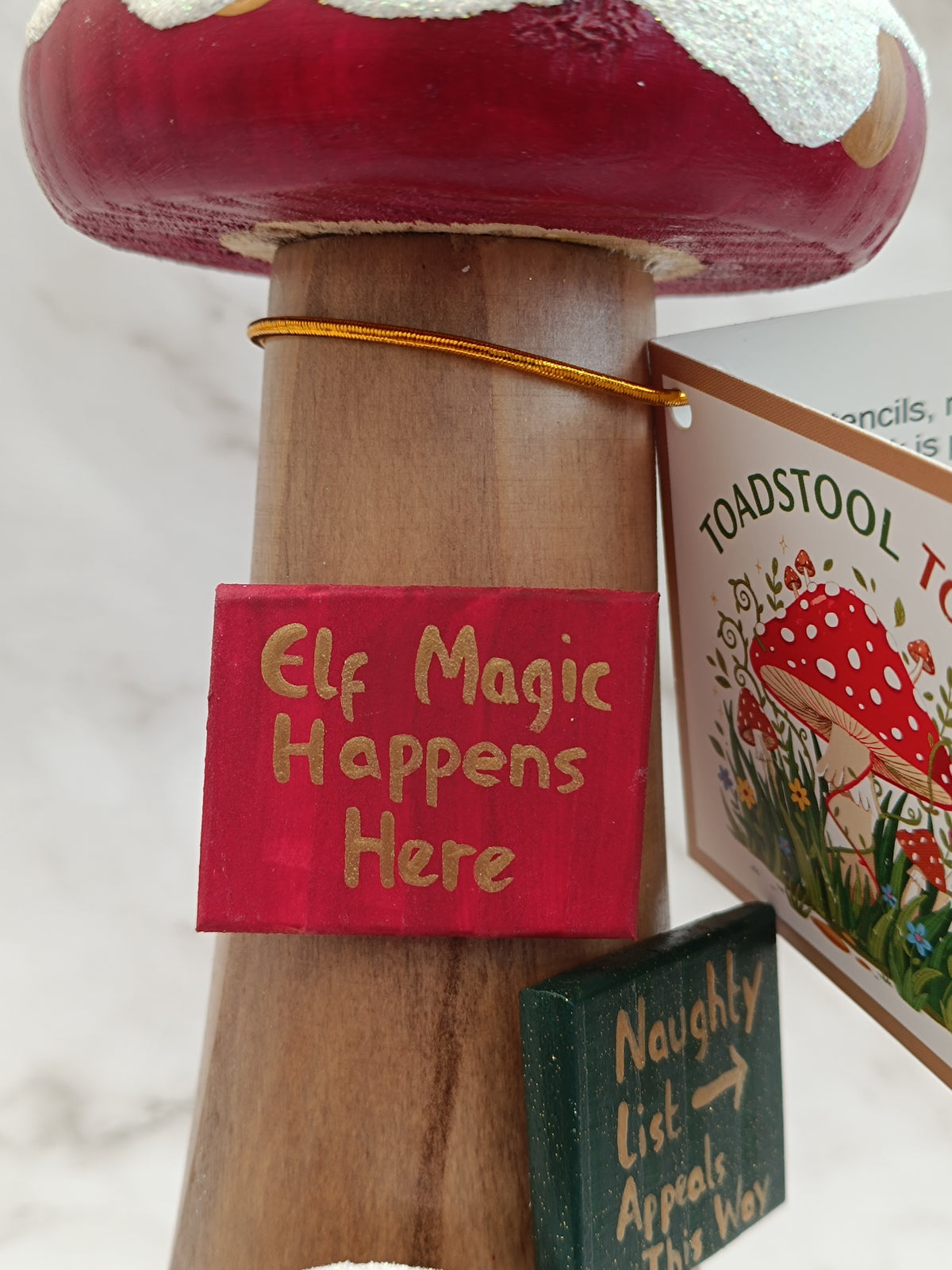 30cm Red Handmade, Free Standing Painted Wooden Bell Shaped Topped Toadstool Elf House - Whimsical Woodland Ornament & Holiday Keepsake