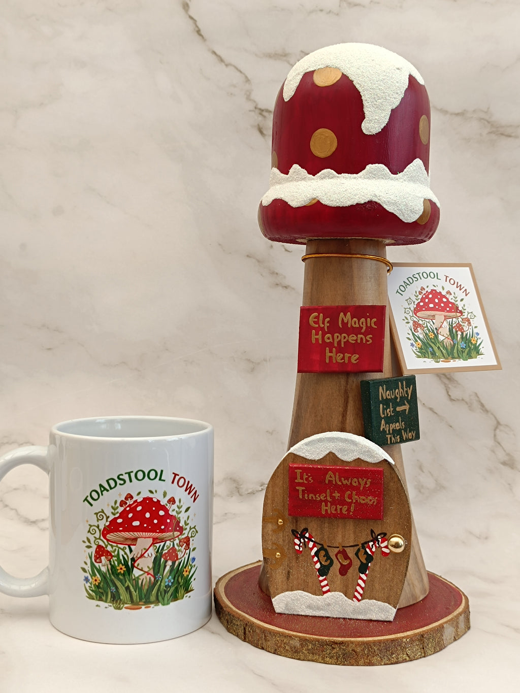 30cm Red Handmade, Free Standing Painted Wooden Bell Shaped Topped Toadstool Elf House - Whimsical Woodland Ornament & Holiday Keepsake