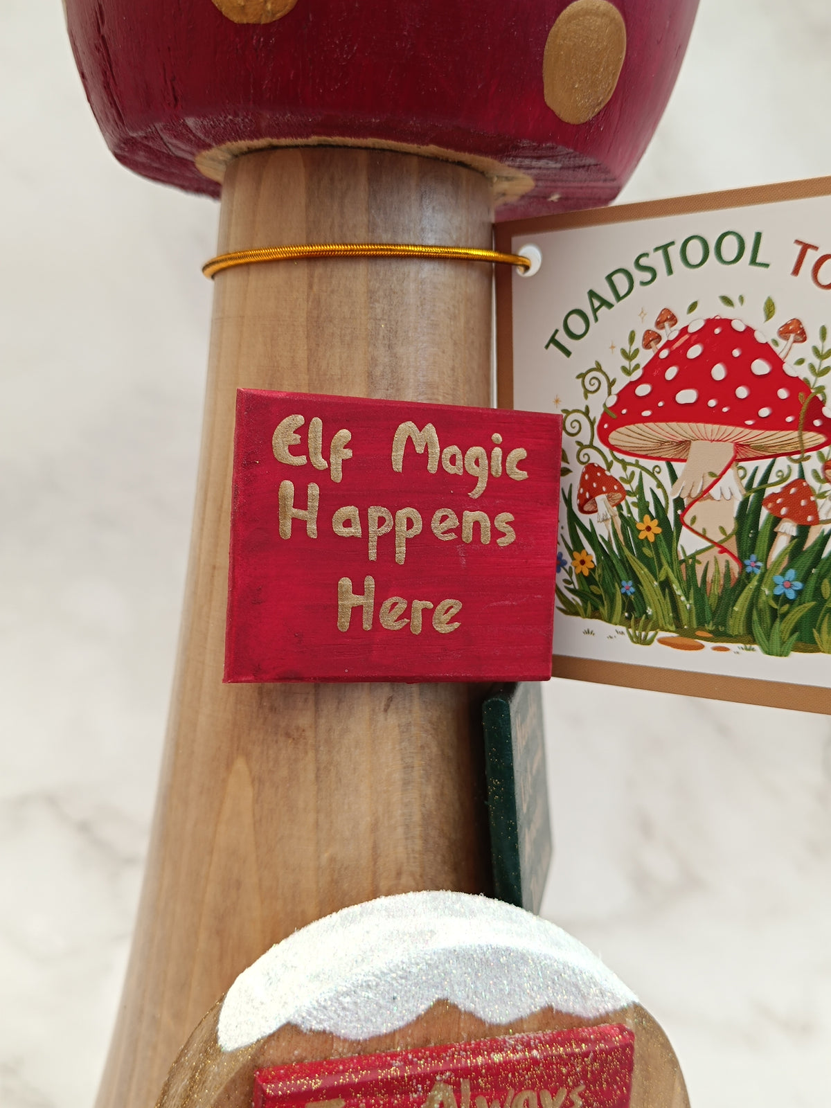 30cm Handmade, Free Standing Painted Wooden Rounded Topped Toadstool Elf House - Whimsical Woodland Ornament & Holiday Keepsake