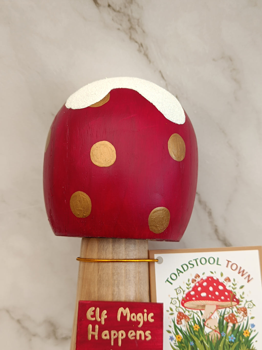 30cm Handmade, Free Standing Painted Wooden Rounded Topped Toadstool Elf House - Whimsical Woodland Ornament & Holiday Keepsake