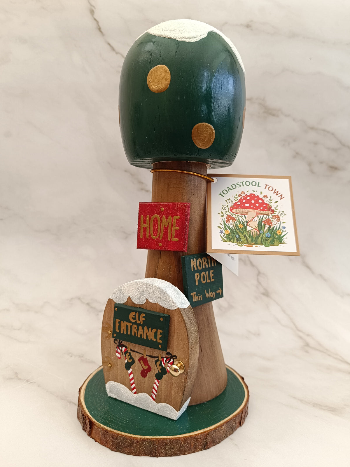 30cm Green Handmade Free Standing Painted Wooden Rounded Topped Toadstool Elf House - Whimsical Woodland Ornament & Holiday Keepsake