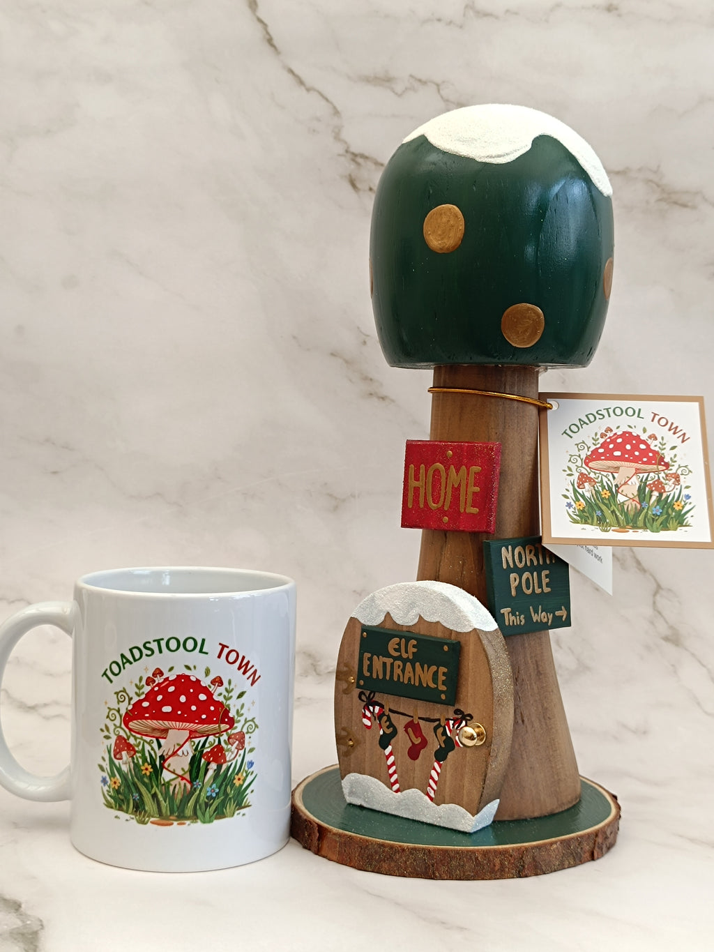 30cm Green Handmade Free Standing Painted Wooden Rounded Topped Toadstool Elf House - Whimsical Woodland Ornament & Holiday Keepsake