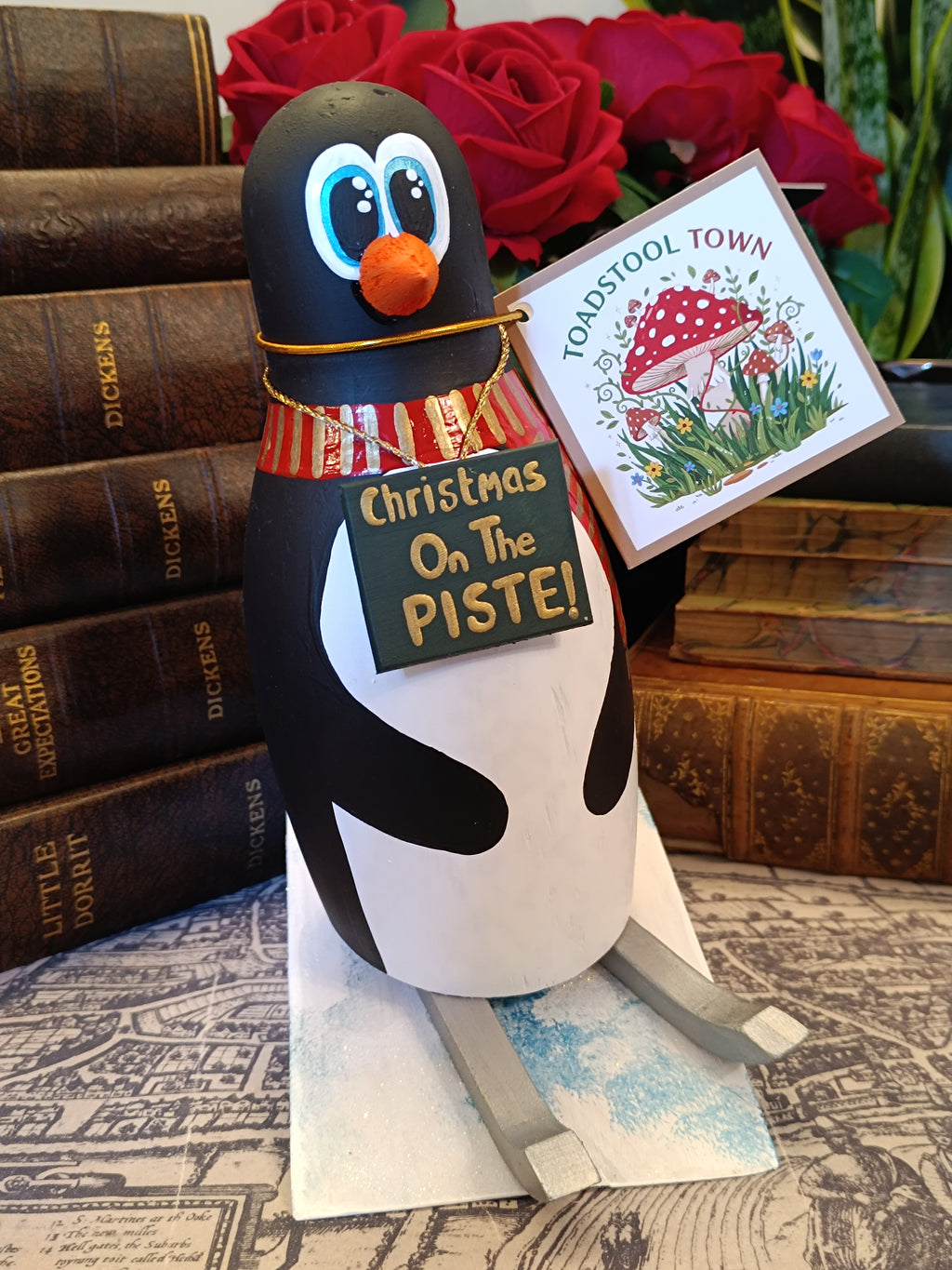 Premium Rustic Wooden Hand-crafted Skiing Penguin Decoration Gift Made In Yorkshire