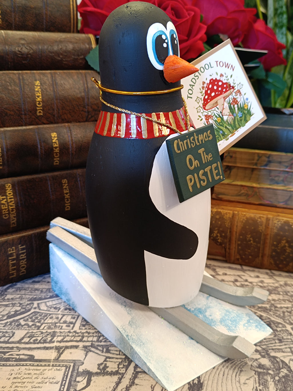 Premium Rustic Wooden Hand-crafted Skiing Penguin Decoration Gift Made In Yorkshire