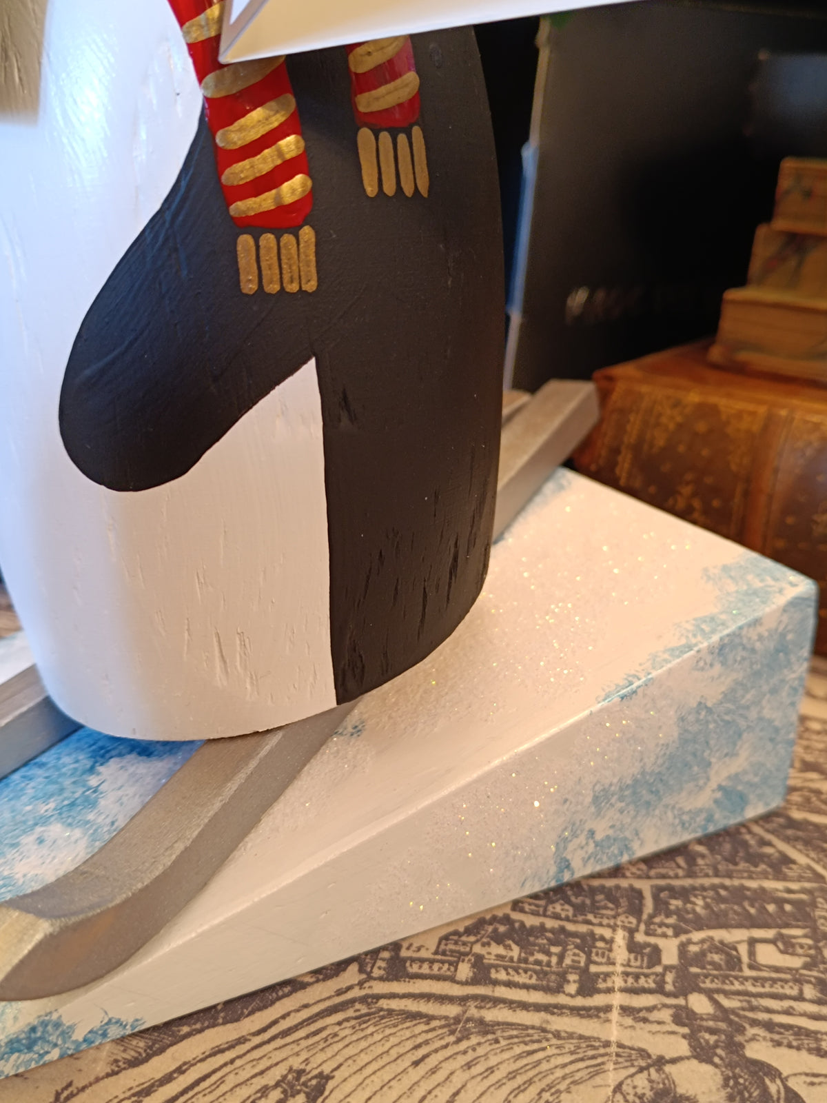 Premium Rustic Wooden Hand-crafted Skiing Penguin Decoration Gift Made In Yorkshire