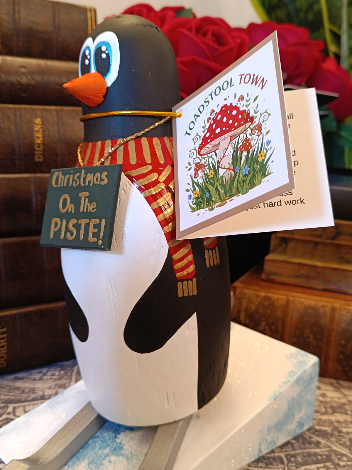 Premium Rustic Wooden Hand-crafted Skiing Penguin Decoration Gift Made In Yorkshire