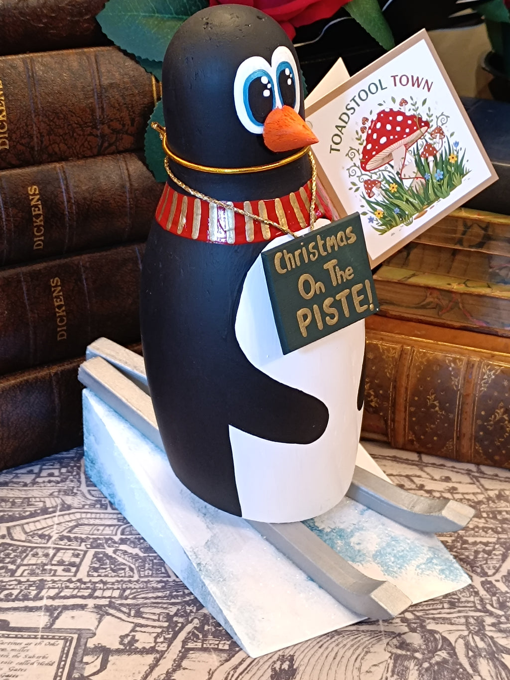 Premium Rustic Wooden Hand-crafted Skiing Penguin Decoration Gift Made In Yorkshire