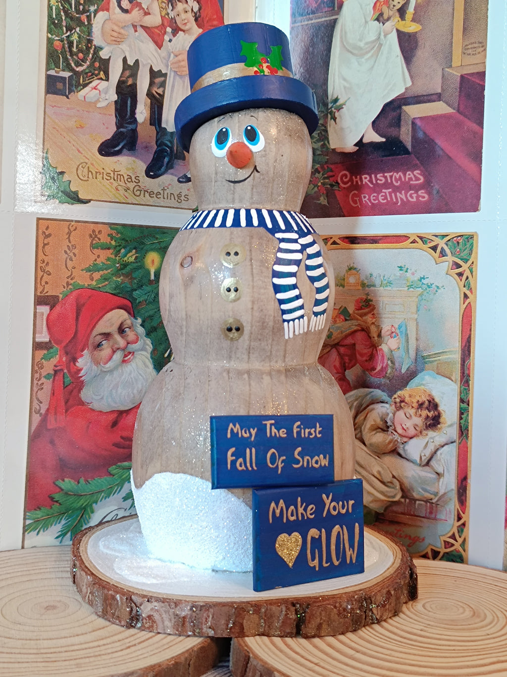 Wooden Snowman Figurine - Handmade with Festive Greeting Signs