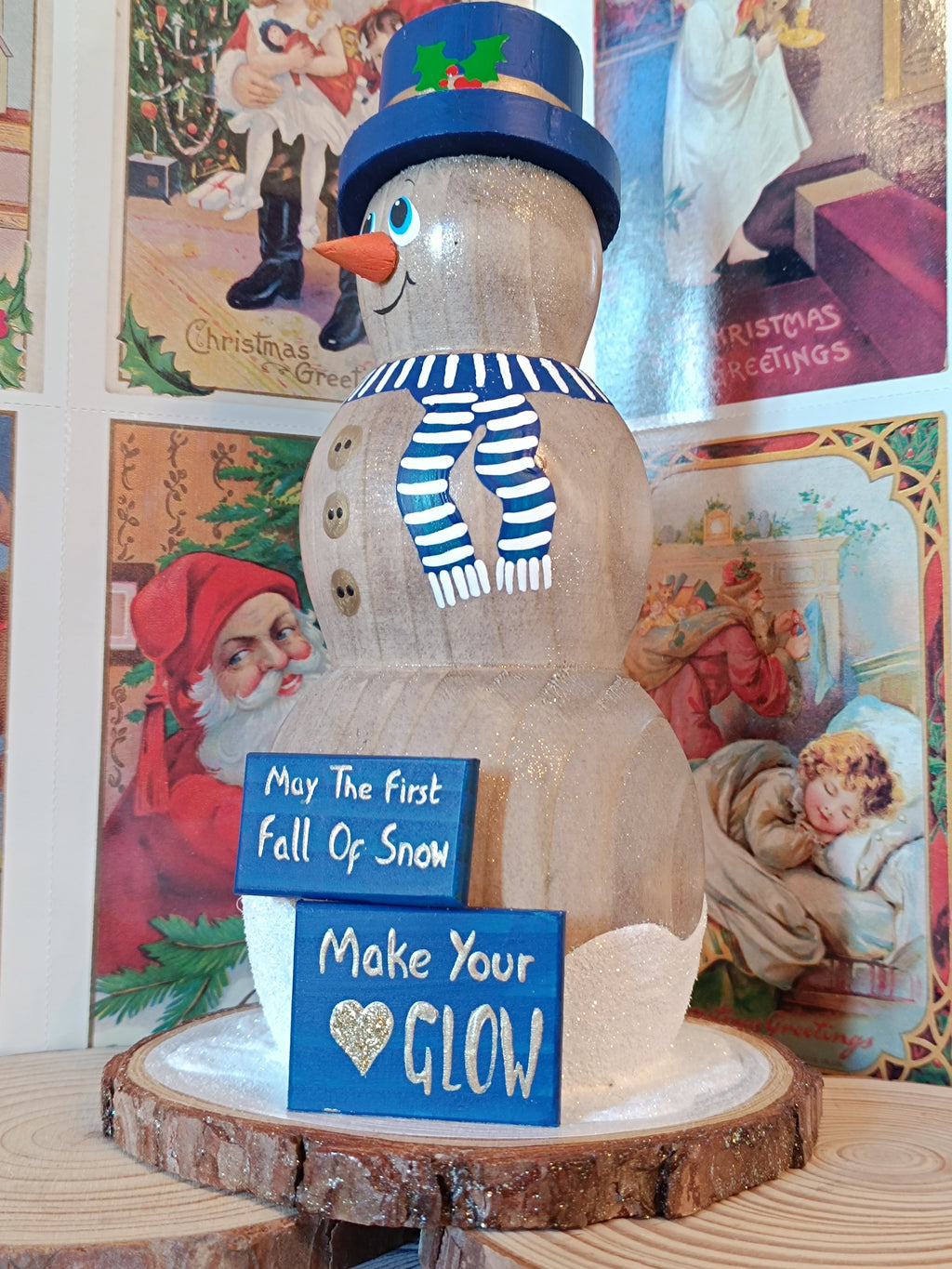 Wooden Snowman Figurine - Handmade with Festive Greeting Signs