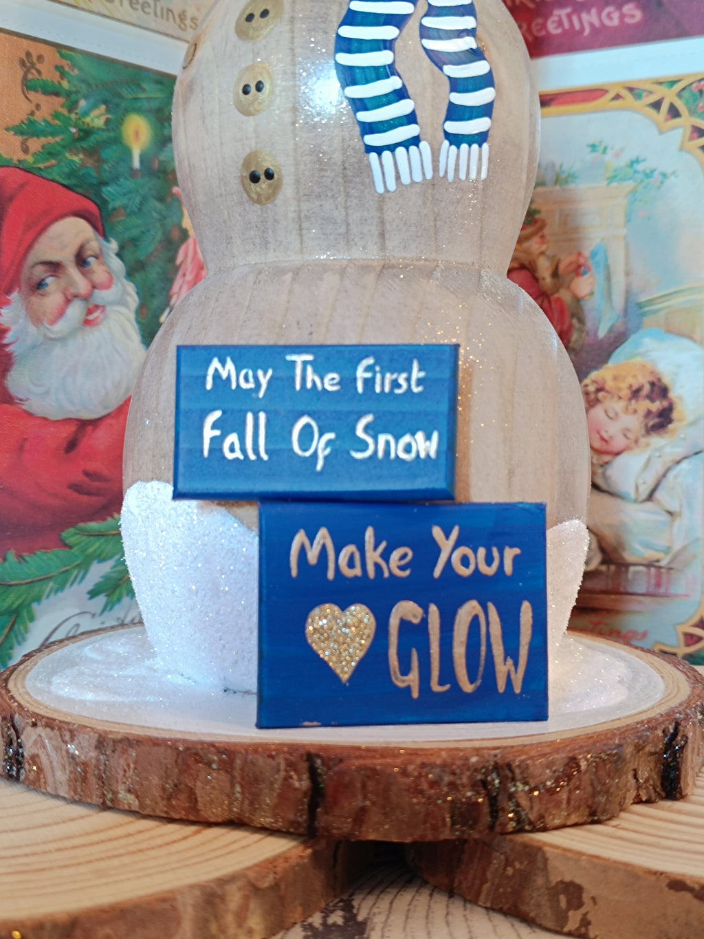 Wooden Snowman Figurine - Handmade with Festive Greeting Signs