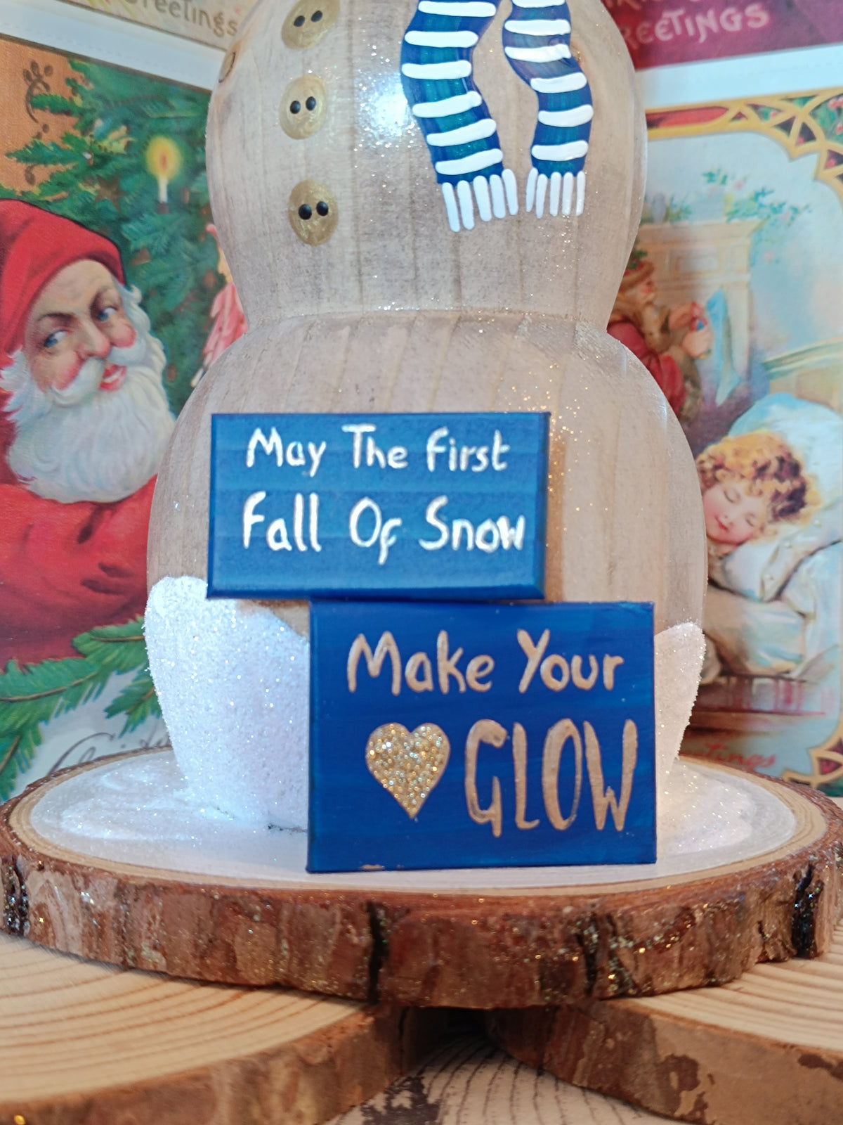 Wooden Snowman Figurine - Handmade with Festive Greeting Signs