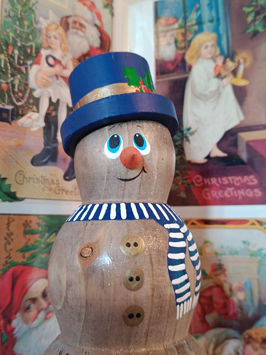 Wooden Snowman Figurine - Handmade with Festive Greeting Signs