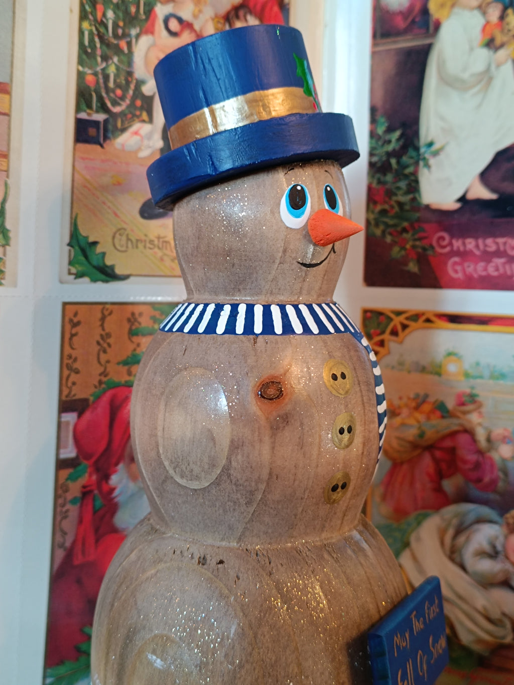Wooden Snowman Figurine - Handmade with Festive Greeting Signs