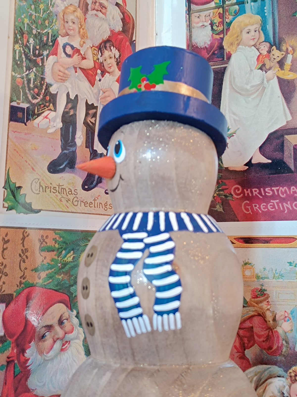 Wooden Snowman Figurine - Handmade with Festive Greeting Signs