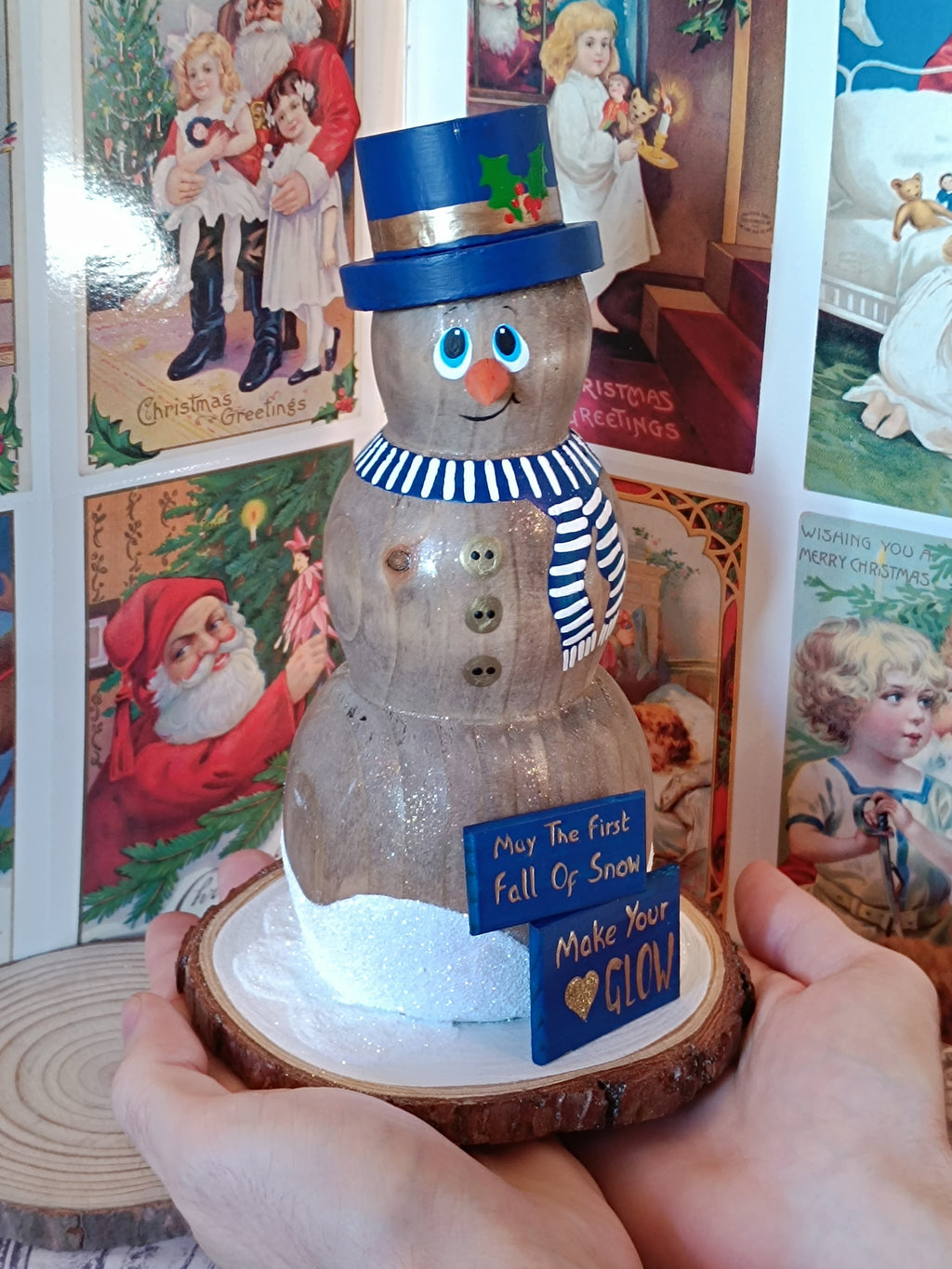 Wooden Snowman Figurine - Handmade with Festive Greeting Signs