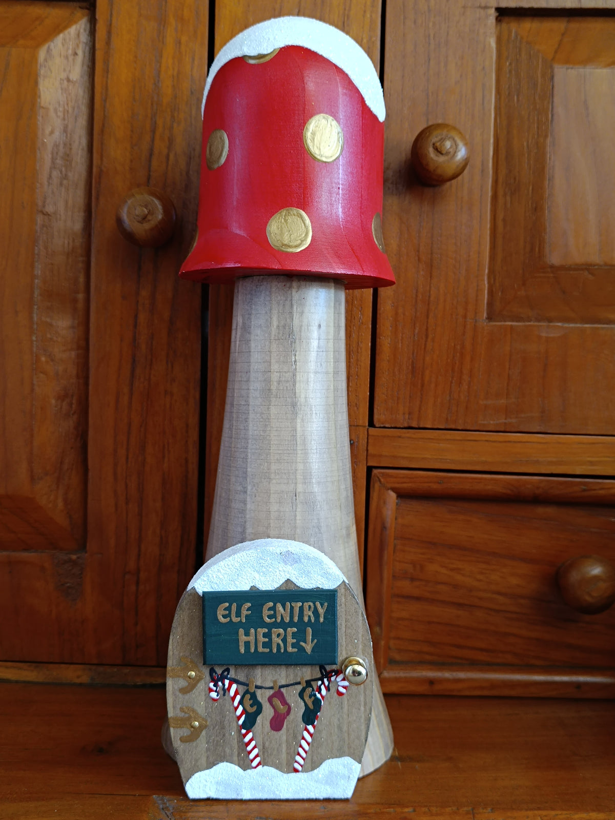Handcrafted Wooden Toadstool Elf House Figurine with 'Elf Entry Here' Door