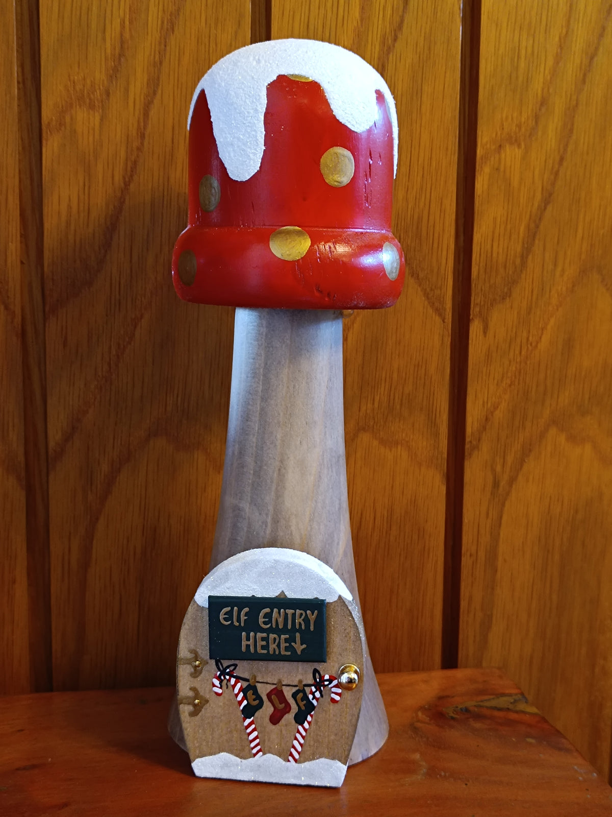 Handcrafted Wooden toadstool Elf House Figurine with 'Elf Entry Here' Door