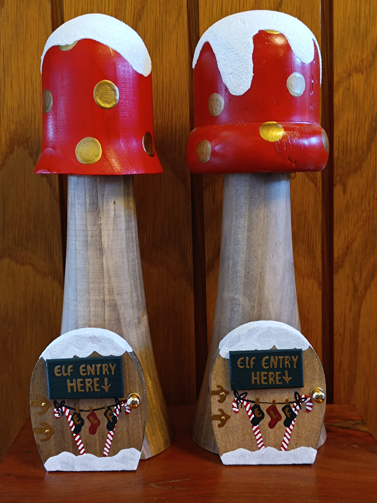 Handcrafted Wooden Toadstool Elf House Figurine with 'Elf Entry Here' Door