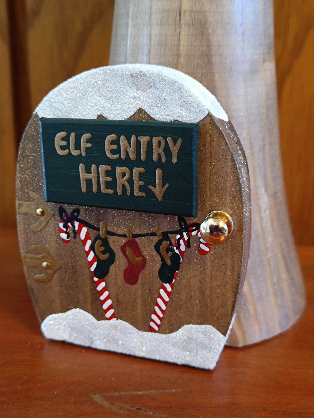 Handcrafted Wooden Toadstool Elf House Figurine with 'Elf Entry Here' Door