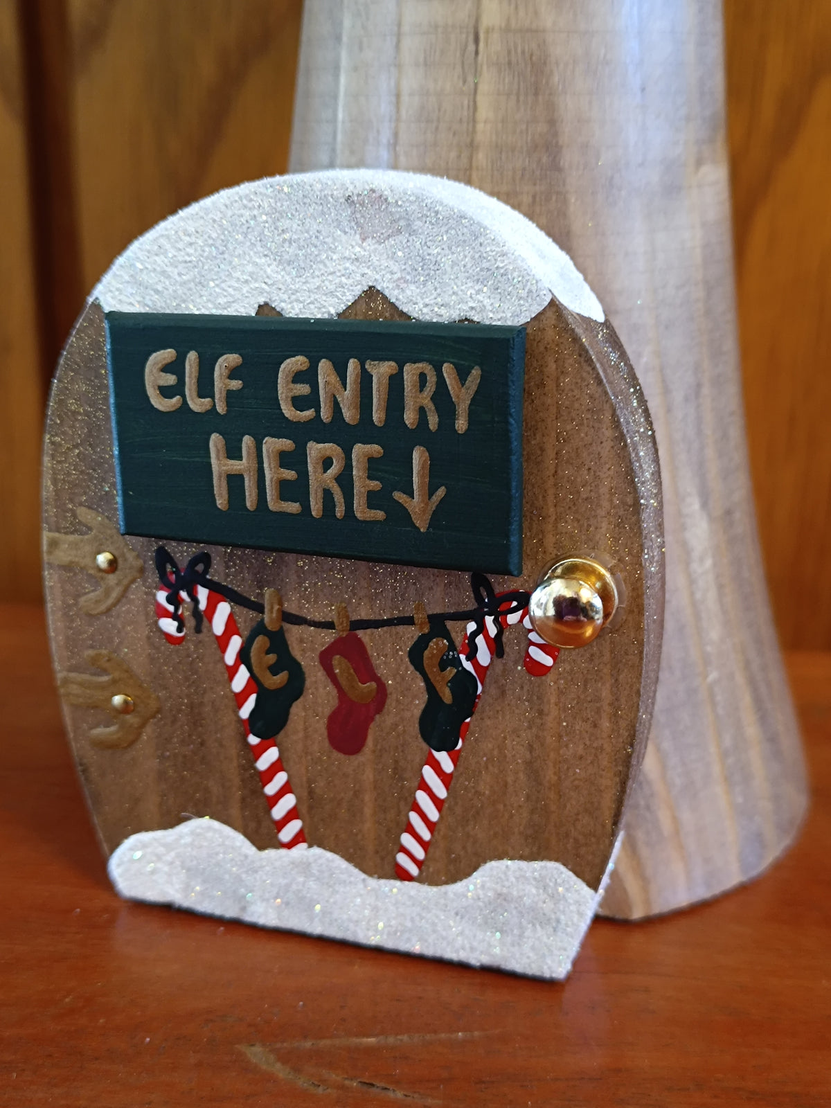 Handcrafted Wooden Toadstool Elf House Figurine with 'Elf Entry Here' Door