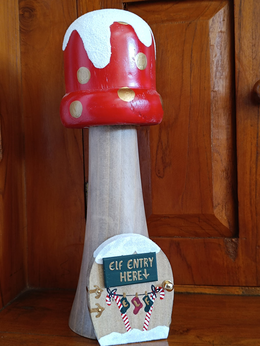 Handcrafted Wooden toadstool Elf House Figurine with 'Elf Entry Here' Door