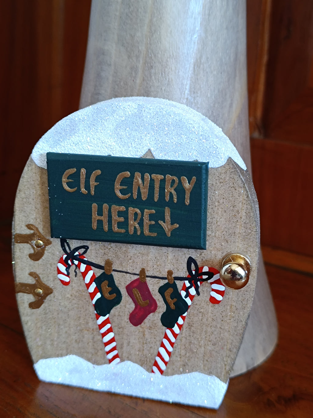 Handcrafted Wooden toadstool Elf House Figurine with 'Elf Entry Here' Door