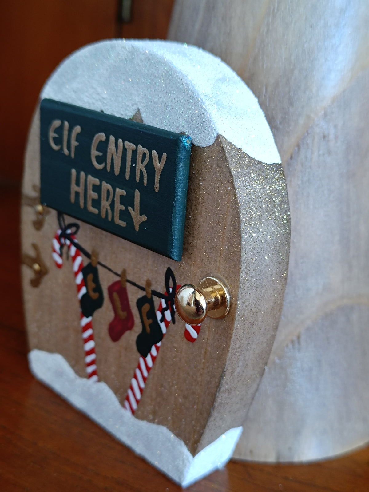 Handcrafted Wooden toadstool Elf House Figurine with 'Elf Entry Here' Door